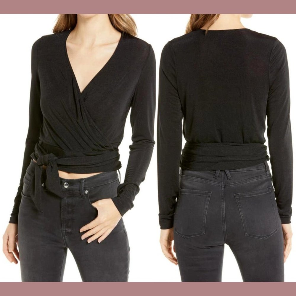 NWT $98 GOOD AMERICAN [ 0 in GA ] V Neck Long Sleeve Shimmer Wrap Top Black 5691